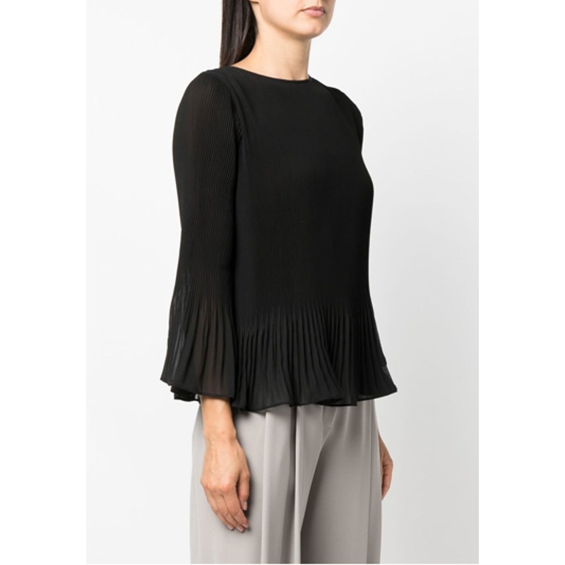 Emporio Armani Pleated Semi-Sheer Peplum Blouse Black Long Sleeves Romantic 10